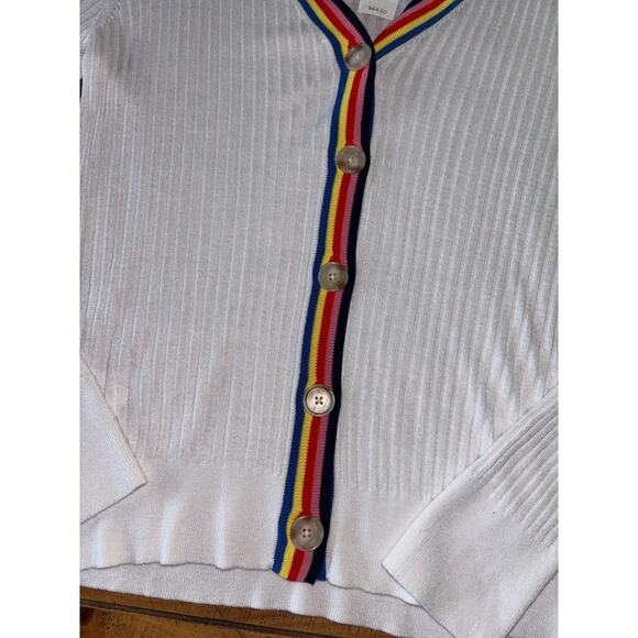 NWT Womens Loft Rainbow White Ribbed Cardigan Sweater Lightweight Pride Large - Picture 2 of 7